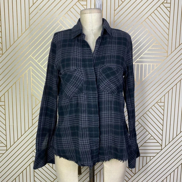 Bella Dahl Plaid Frayed Hem Button-Down‎ Top in Black & Gray Size US XS - Picture 1 of 12
